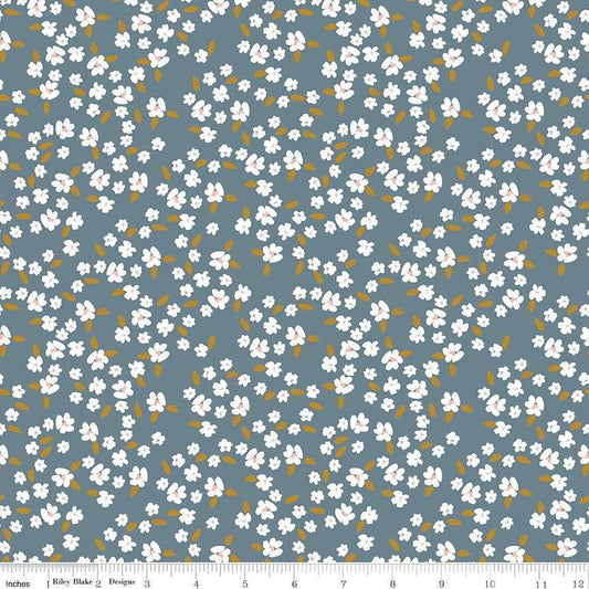 Image of Petals & Hazel Blossoms Blue quilting cotton fabric by Simple Simon & Company for Riley Blake Designs. Features flowers on a blue background. Cute Little Fabric Shop.