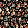 Image of Book Club Letter Vignettes Black quilting cotton fabric by Morris Creative Group for QT Fabrics. Features books on a black background. Cute Little Fabric Shop.