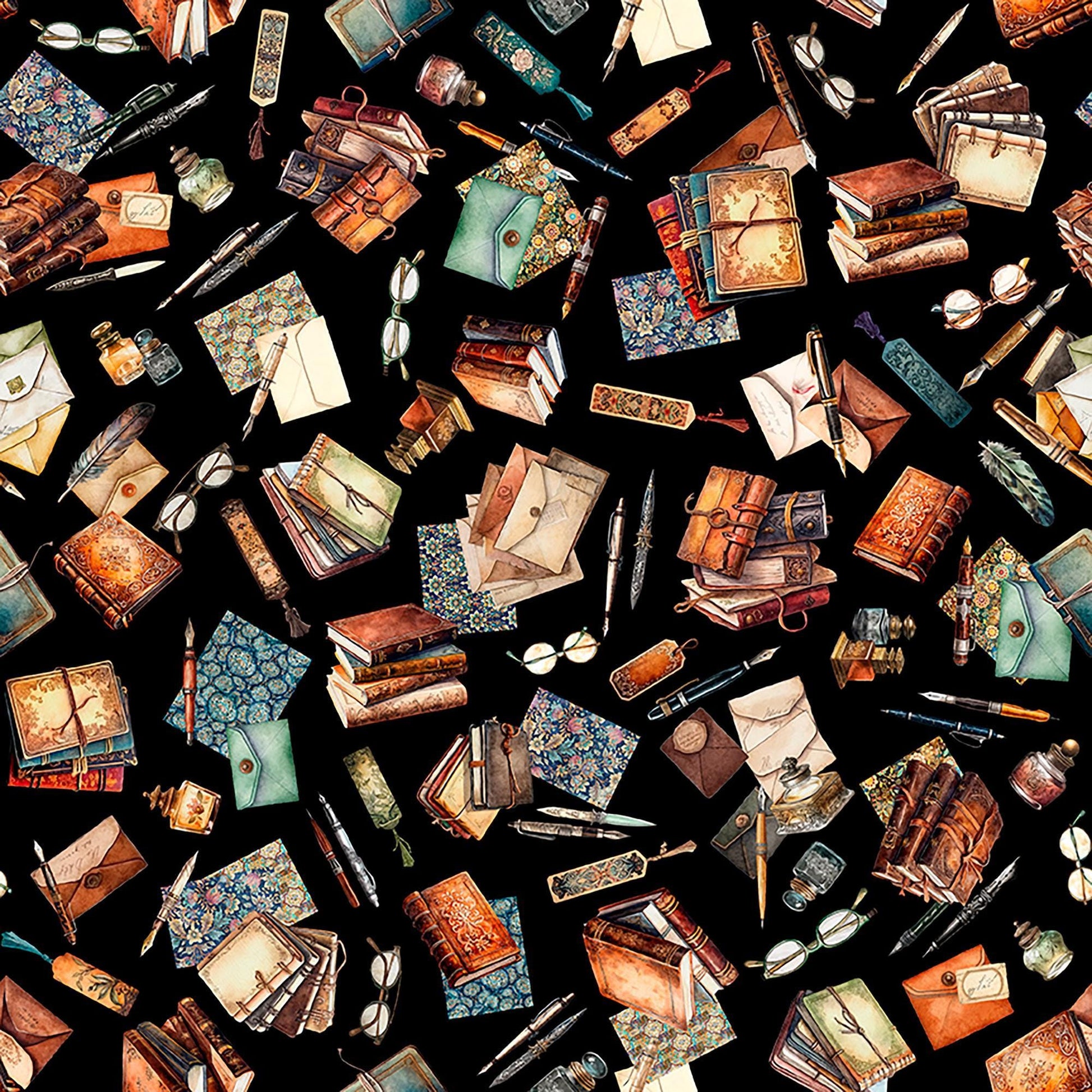 Image of Book Club Letter Vignettes Black quilting cotton fabric by Morris Creative Group for QT Fabrics. Features books on a black background. Cute Little Fabric Shop.