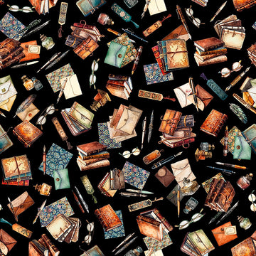 Image of Book Club Letter Vignettes Black quilting cotton fabric by Morris Creative Group for QT Fabrics. Features books on a black background. Cute Little Fabric Shop.