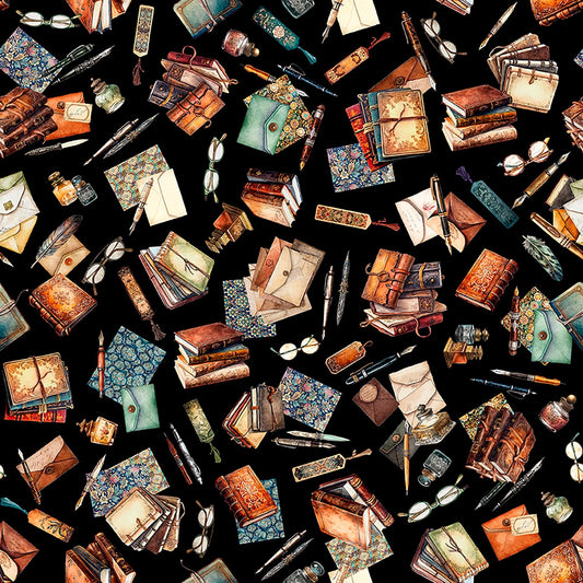 Image of Book Club Letter Vignettes Black quilting cotton fabric by Morris Creative Group for QT Fabrics. Features books on a black background. Cute Little Fabric Shop.