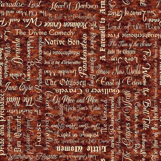 Image of Book Club Classic Books Text Burnt Umber quilting cotton fabric by Morris Creative Group for QT Fabrics. Features words on a red background. Cute Little Fabric Shop.