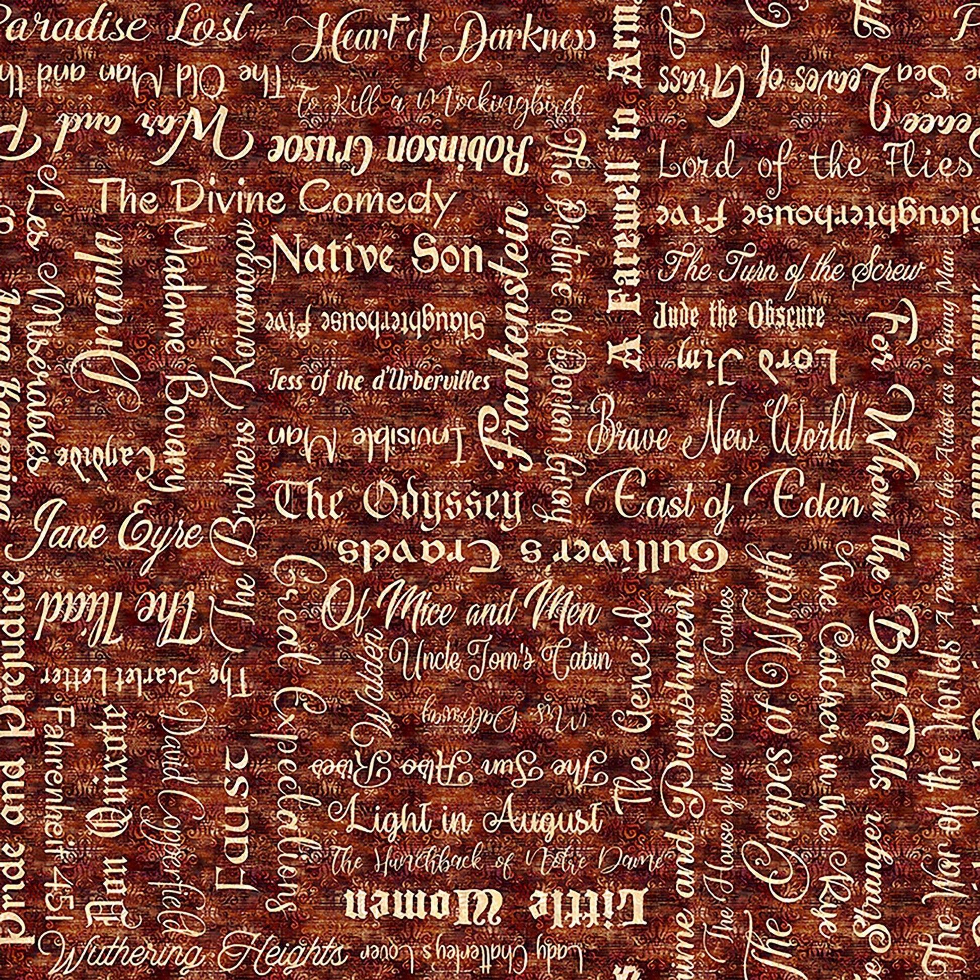 Image of Book Club Classic Books Text Burnt Umber quilting cotton fabric by Morris Creative Group for QT Fabrics. Features words on a red background. Cute Little Fabric Shop.