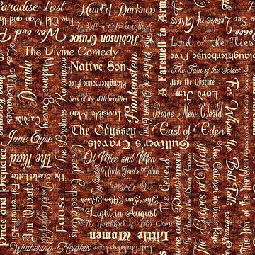 Image of Book Club Classic Books Text Burnt Umber quilting cotton fabric by Morris Creative Group for QT Fabrics. Features words on a red background. Cute Little Fabric Shop.