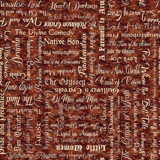 Image of Book Club Classic Books Text Burnt Umber quilting cotton fabric by Morris Creative Group for QT Fabrics. Features words on a red background. Cute Little Fabric Shop.