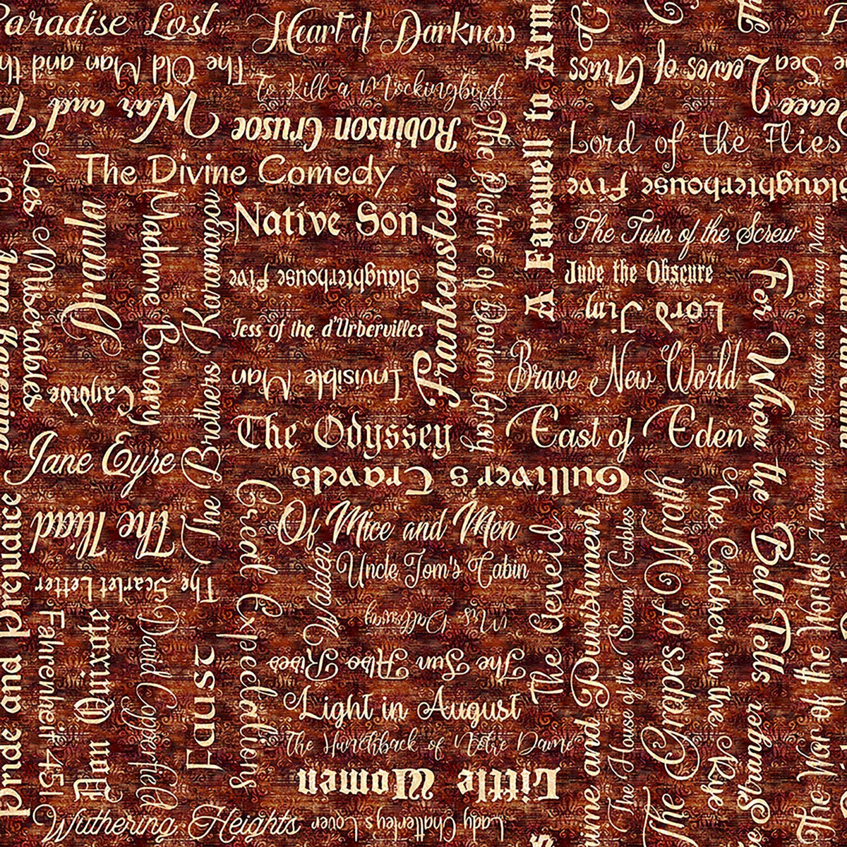 Image of Book Club Classic Books Text Burnt Umber quilting cotton fabric by Morris Creative Group for QT Fabrics. Features words on a red background. Cute Little Fabric Shop.
