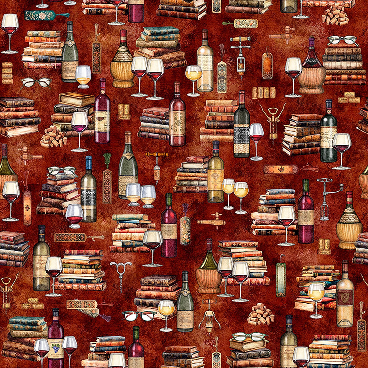 Image of Book Club Wine & Books Burnt Umber quilting cotton fabric by Morris Creative Group for QT Fabrics. Features books on a red background. Cute Little Fabric Shop.