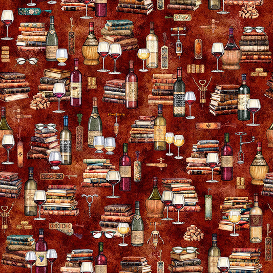 Image of Book Club Wine & Books Burnt Umber quilting cotton fabric by Morris Creative Group for QT Fabrics. Features books on a red background. Cute Little Fabric Shop.