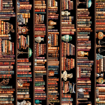 Image of Book Club Book Shelf Border Stripe Multi quilting cotton fabric by Morris Creative Group for QT Fabrics. Features books on a brown background. Cute Little Fabric Shop.