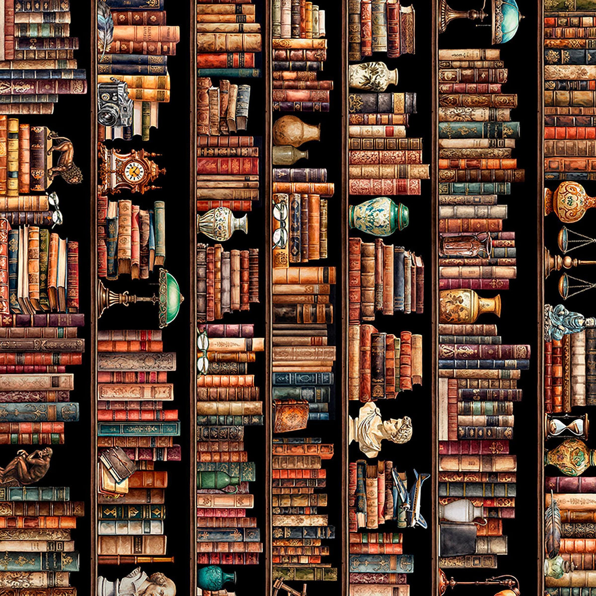 Image of Book Club Book Shelf Border Stripe Multi quilting cotton fabric by Morris Creative Group for QT Fabrics. Features books on a brown background. Cute Little Fabric Shop.