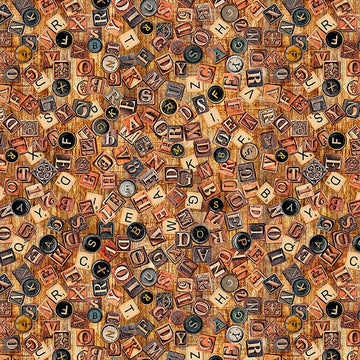 Image of Book Club Letters Rust quilting cotton fabric by Morris Creative Group for QT Fabrics. Features letters on a brown background. Cute Little Fabric Shop.