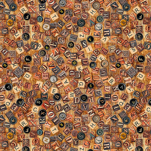 Image of Book Club Letters Rust quilting cotton fabric by Morris Creative Group for QT Fabrics. Features letters on a brown background. Cute Little Fabric Shop.