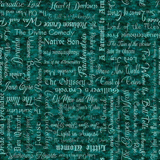 Image of Book Club Classic Books Text Teal quilting cotton fabric by Morris Creative Group for QT Fabrics. Features words on a blue background. Cute Little Fabric Shop.