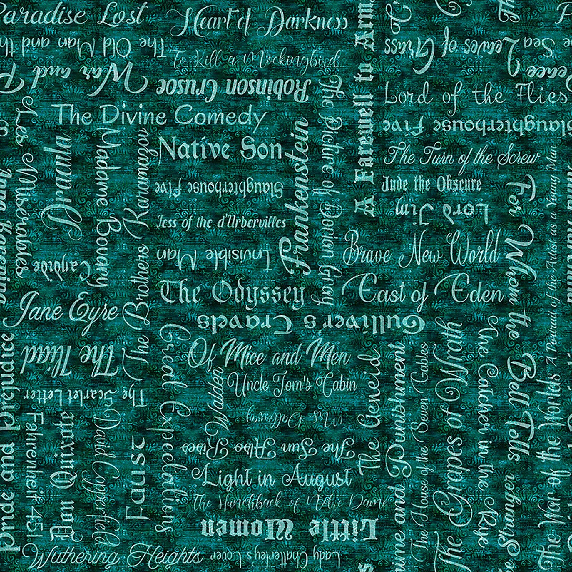 Image of Book Club Classic Books Text Teal quilting cotton fabric by Morris Creative Group for QT Fabrics. Features words on a blue background. Cute Little Fabric Shop.