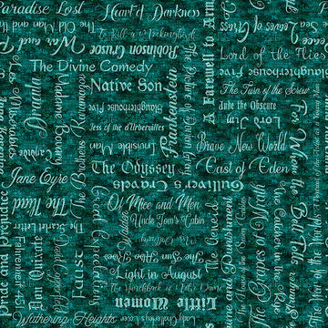 Image of Book Club Classic Books Text Teal quilting cotton fabric by Morris Creative Group for QT Fabrics. Features words on a blue background. Cute Little Fabric Shop.
