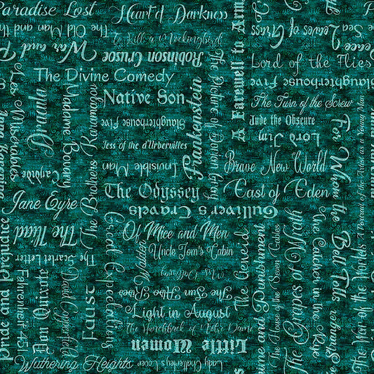 Image of Book Club Classic Books Text Teal quilting cotton fabric by Morris Creative Group for QT Fabrics. Features words on a blue background. Cute Little Fabric Shop.