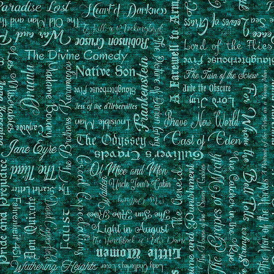 Image of Book Club Classic Books Text Teal quilting cotton fabric by Morris Creative Group for QT Fabrics. Features words on a blue background. Cute Little Fabric Shop.
