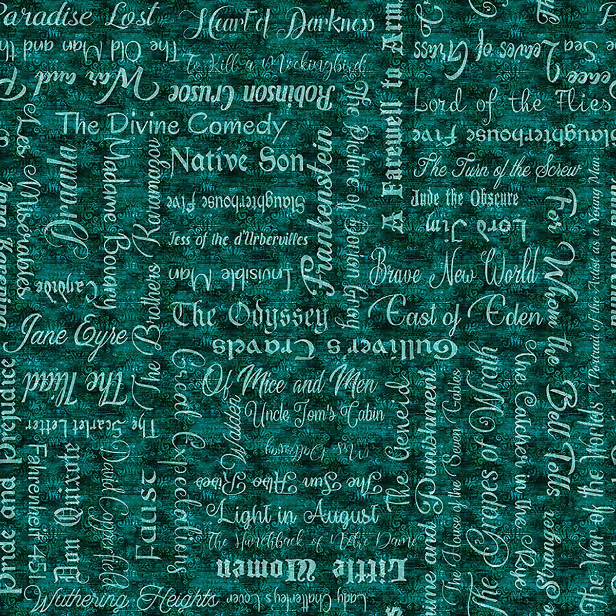 Image of Book Club Classic Books Text Teal quilting cotton fabric by Morris Creative Group for QT Fabrics. Features words on a blue background. Cute Little Fabric Shop.