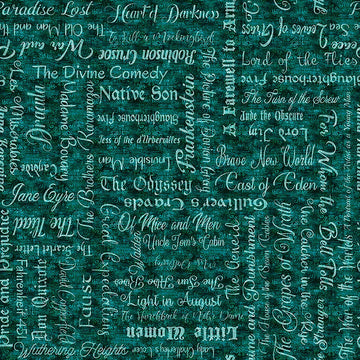 Image of Book Club Classic Books Text Teal quilting cotton fabric by Morris Creative Group for QT Fabrics. Features words on a blue background. Cute Little Fabric Shop.