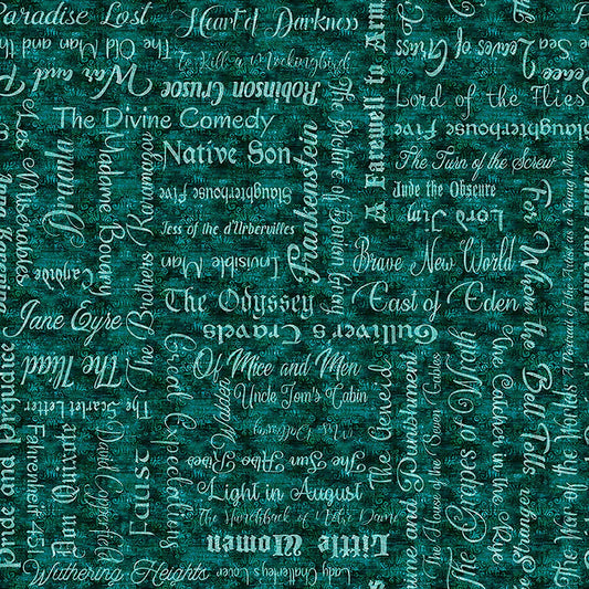 Image of Book Club Classic Books Text Teal quilting cotton fabric by Morris Creative Group for QT Fabrics. Features words on a blue background. Cute Little Fabric Shop.