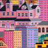Image of Balloonfest Buildings Pink quilting cotton fabric by Anthony Kleem for QT Fabrics. Features buildings on a pink background. Cute Little Fabric Shop.