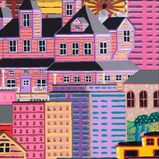 Image of Balloonfest Buildings Pink quilting cotton fabric by Anthony Kleem for QT Fabrics. Features buildings on a pink background. Cute Little Fabric Shop.
