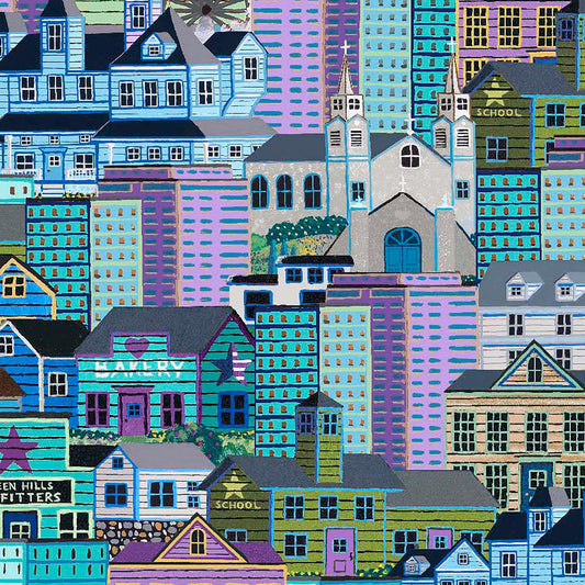 Image of Balloonfest Buildings Blue quilting cotton fabric by Anthony Kleem for QT Fabrics. Features buildings on a blue background. Cute Little Fabric Shop.