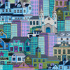Image of Balloonfest Buildings Blue quilting cotton fabric by Anthony Kleem for QT Fabrics. Features buildings on a blue background. Cute Little Fabric Shop.