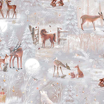 Image of Woodland Wonder Deer Scenic Gray flannel cotton fabric by Sarah Summers for QT Fabrics. Features deer on a gray background. Cute Little Fabric Shop.