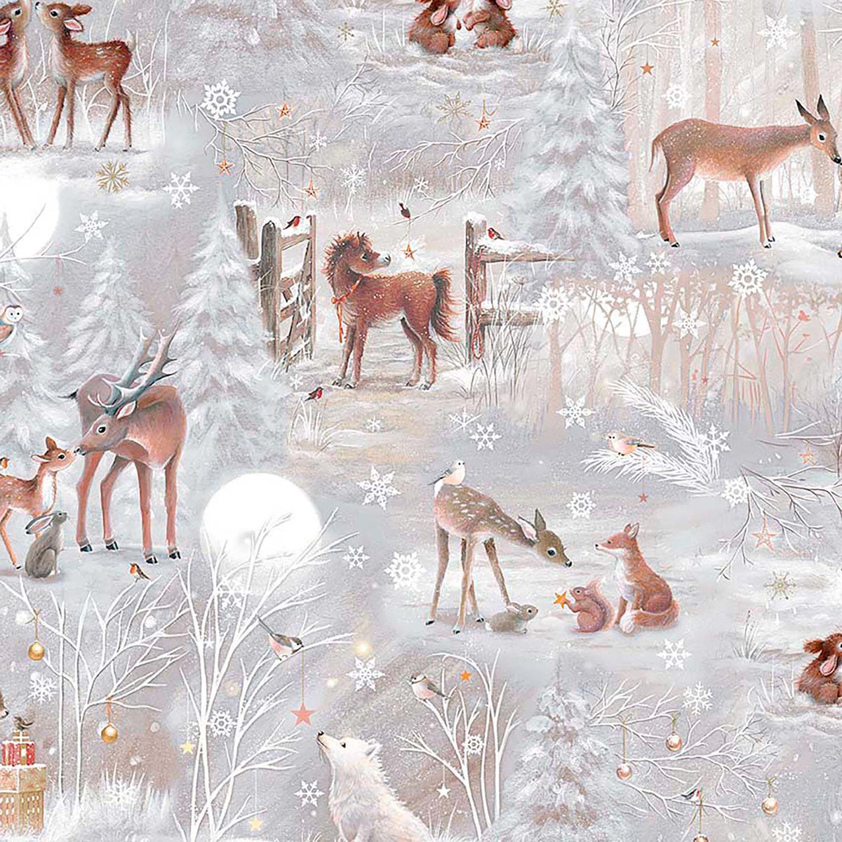 Image of Woodland Wonder Deer Scenic Gray flannel cotton fabric by Sarah Summers for QT Fabrics. Features deer on a gray background. Cute Little Fabric Shop.