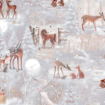Image of Woodland Wonder Deer Scenic Gray flannel cotton fabric by Sarah Summers for QT Fabrics. Features deer on a gray background. Cute Little Fabric Shop.