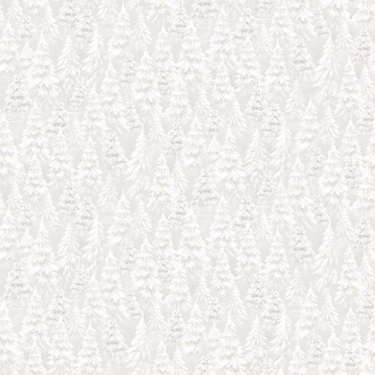 Image of Woodland Wonder Snow Trees Pale Gray flannel cotton fabric by Sarah Summers for QT Fabrics. Features trees on a white background. Cute Little Fabric Shop.