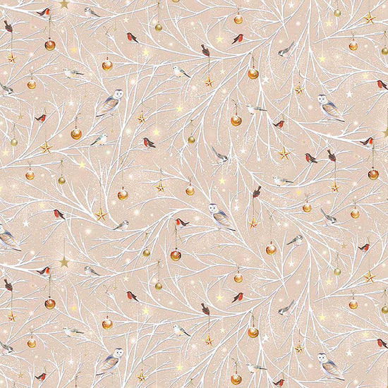 Image of Woodland Wonder Birds/Ornaments on a Branch Taupe flannel cotton fabric by Sarah Summers for QT Fabrics. Features birds on a beige background. Cute Little Fabric Shop.