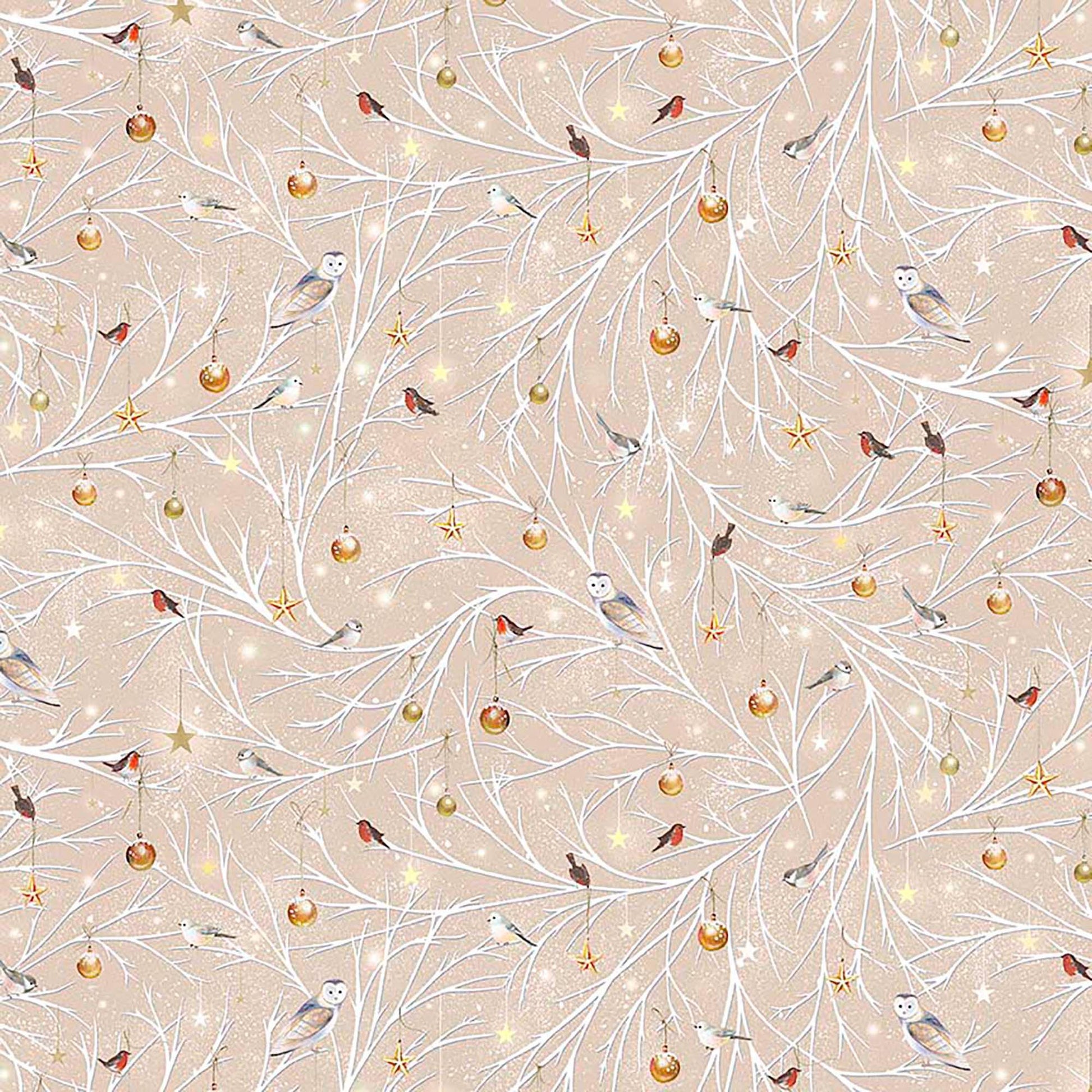 Image of Woodland Wonder Birds/Ornaments on a Branch Taupe flannel cotton fabric by Sarah Summers for QT Fabrics. Features birds on a beige background. Cute Little Fabric Shop.