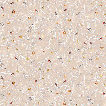 Image of Woodland Wonder Birds/Ornaments on a Branch Taupe flannel cotton fabric by Sarah Summers for QT Fabrics. Features birds on a beige background. Cute Little Fabric Shop.