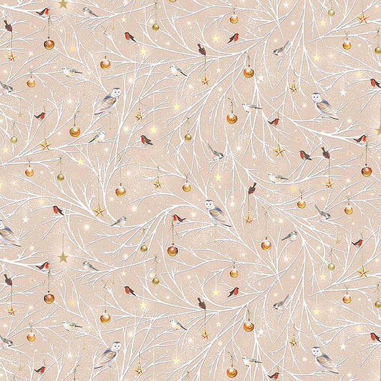 Image of Woodland Wonder Birds/Ornaments on a Branch Taupe flannel cotton fabric by Sarah Summers for QT Fabrics. Features birds on a beige background. Cute Little Fabric Shop.