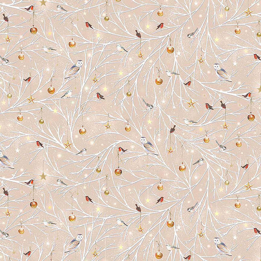 Image of Woodland Wonder Birds/Ornaments on a Branch Taupe flannel cotton fabric by Sarah Summers for QT Fabrics. Features birds on a beige background. Cute Little Fabric Shop.