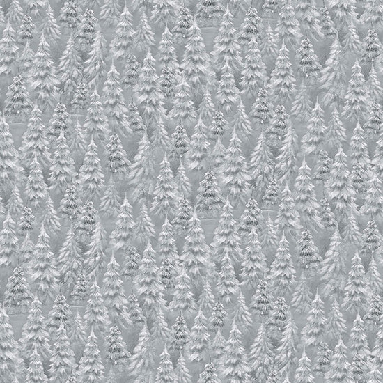 Image of Woodland Wonder Snowy Trees Medium Dark Gray flannel cotton fabric by Sarah Summers for QT Fabrics. Features trees on a gray background. Cute Little Fabric Shop.