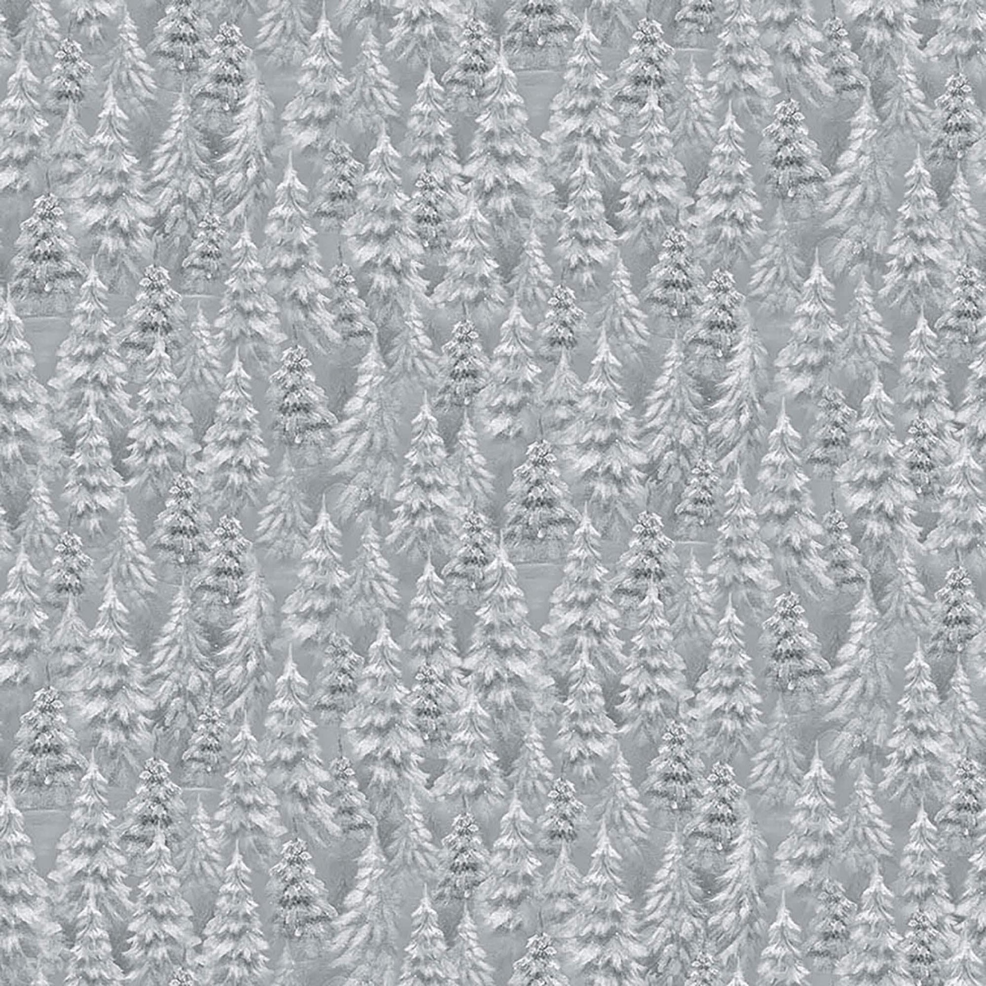 Image of Woodland Wonder Snowy Trees Medium Dark Gray flannel cotton fabric by Sarah Summers for QT Fabrics. Features trees on a gray background. Cute Little Fabric Shop.