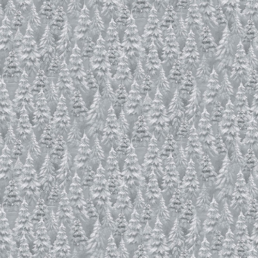 Image of Woodland Wonder Snowy Trees Medium Dark Gray flannel cotton fabric by Sarah Summers for QT Fabrics. Features trees on a gray background. Cute Little Fabric Shop.