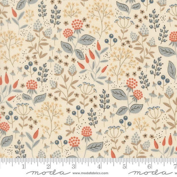 Image of Natures Sketchbook Leaves and Berries Pearl quilting cotton fabric by Elena Amo for Moda Fabrics. Features leaves and berries on a cream background. Cute Little Fabric Shop.