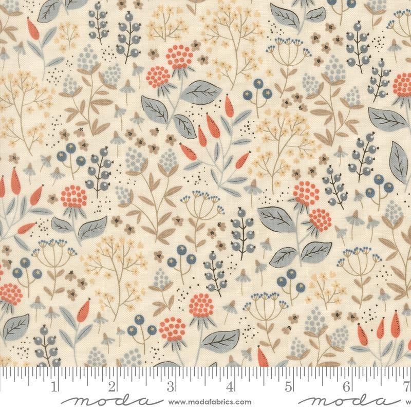 Image of Natures Sketchbook Leaves and Berries Pearl quilting cotton fabric by Elena Amo for Moda Fabrics. Features leaves and berries on a cream background. Cute Little Fabric Shop.