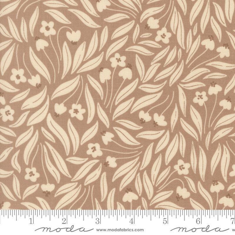 Image of Natures Sketchbook Flowy Flowers Pebble quilting cotton fabric by Elena Amo for Moda Fabrics. Features flowers on a brown background. Cute Little Fabric Shop.