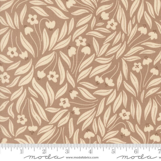 Image of Natures Sketchbook Flowy Flowers Pebble quilting cotton fabric by Elena Amo for Moda Fabrics. Features flowers on a brown background. Cute Little Fabric Shop.