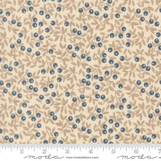 Image of Natures Sketchbook Blueberry Pearl quilting cotton fabric by Elena Amo for Moda Fabrics. Features berries and leaves on a cream background. Cute Little Fabric Shop.