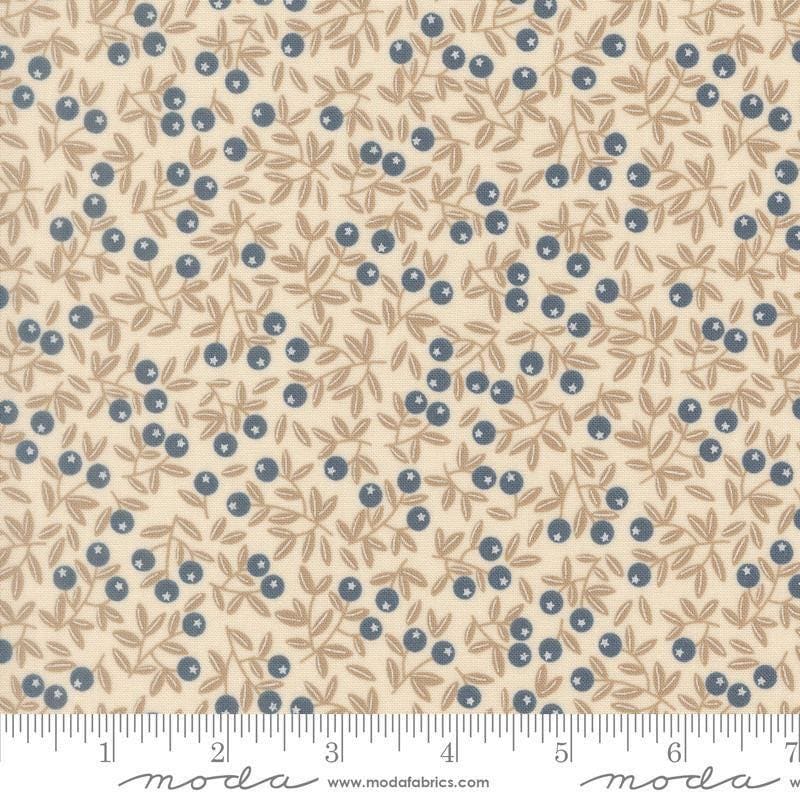 Image of Natures Sketchbook Blueberry Pearl quilting cotton fabric by Elena Amo for Moda Fabrics. Features berries and leaves on a cream background. Cute Little Fabric Shop.