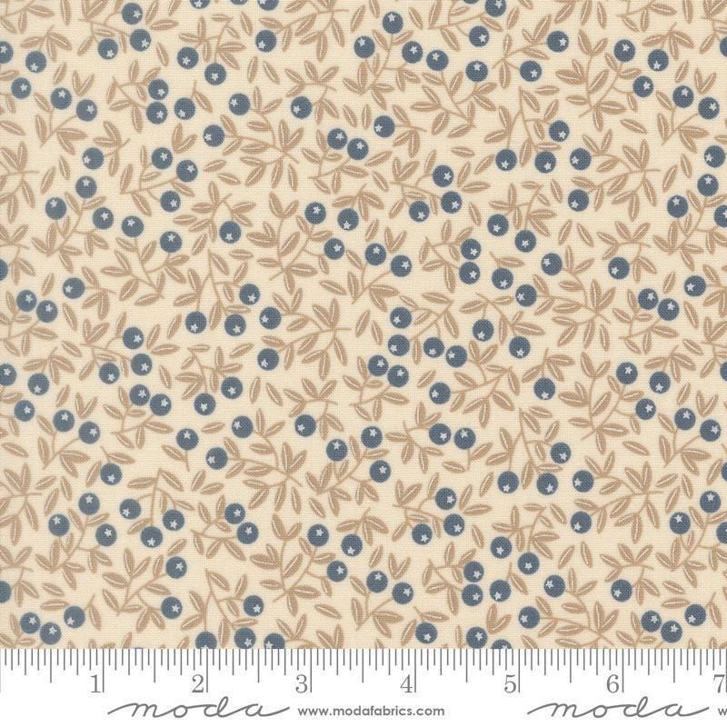 Image of Natures Sketchbook Blueberry Pearl quilting cotton fabric by Elena Amo for Moda Fabrics. Features berries and leaves on a cream background. Cute Little Fabric Shop.