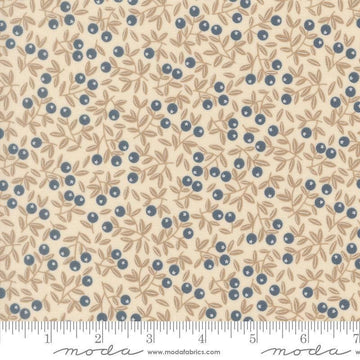 Image of Natures Sketchbook Blueberry Pearl quilting cotton fabric by Elena Amo for Moda Fabrics. Features berries and leaves on a cream background. Cute Little Fabric Shop.