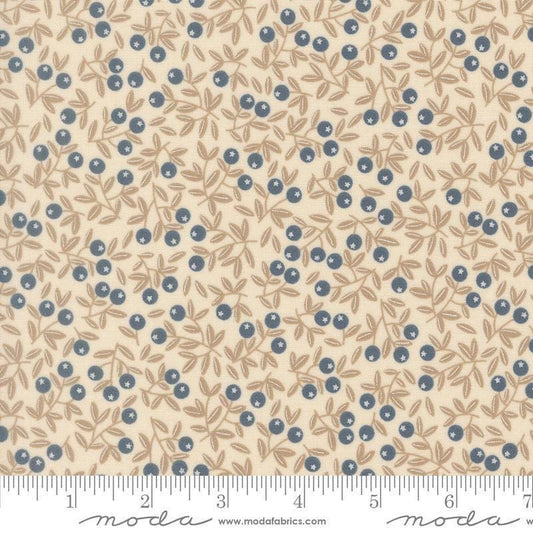 Image of Natures Sketchbook Blueberry Pearl quilting cotton fabric by Elena Amo for Moda Fabrics. Features berries and leaves on a cream background. Cute Little Fabric Shop.