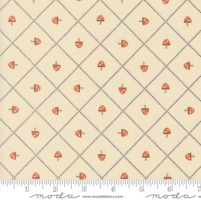 Image of Natures Sketchbook Mushroom and Grid Pearl quilting cotton fabric by Elena Amo for Moda Fabrics. Features mushrooms on a cream background. Cute Little Fabric Shop.